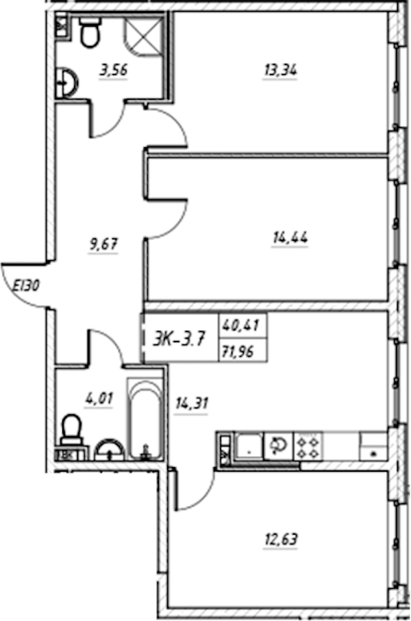 3-комнатная квартира 71.96 м², 2/17 эт., Комплекс апартаментов «Zoom на Неве»